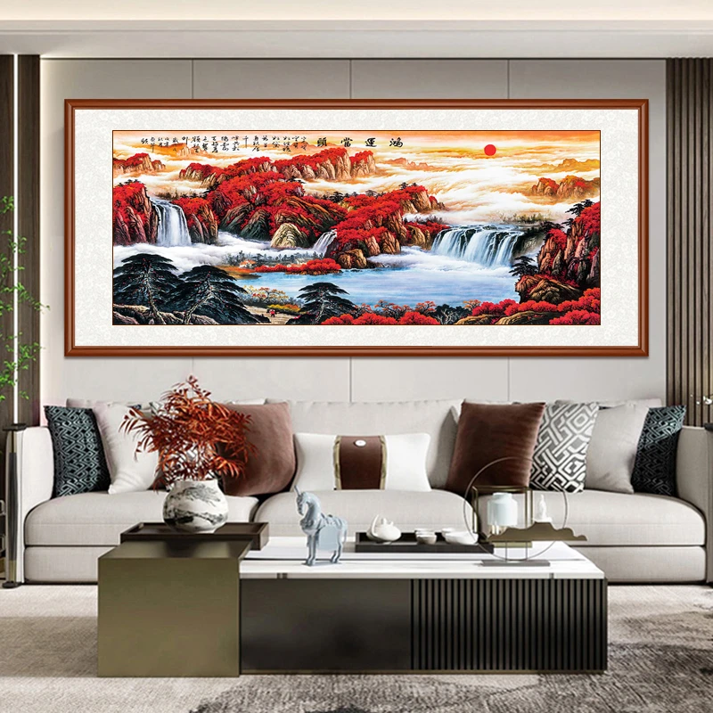 【鸿运当头】带框装裱  高清微喷山水画 办公室沙发背景墙挂画