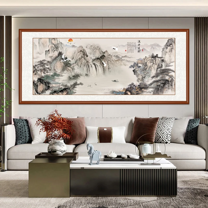 【流水生财】带框装裱  高清微喷山水画  沙发背景墙画客厅装饰画