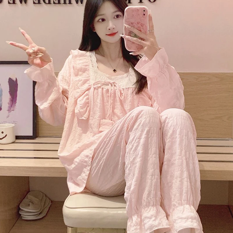 睡衣女春秋款长袖冬季新款公主风可爱外穿蝴蝶结家居服套装女1027