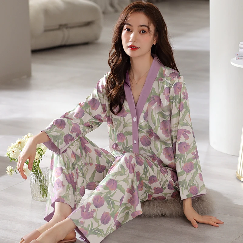 睡衣夏家居服套装薄款长袖女士新年家居服大码夏季大码127