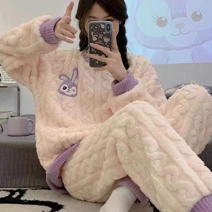 睡衣女秋冬季长袖加厚甜美可爱法兰绒保暖加绒卡通家居服套装5011