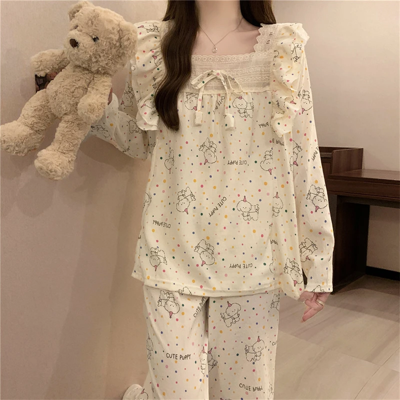 【星】甜美少女风长袖睡衣女款春秋季蕾丝花边可爱家居服套装6021