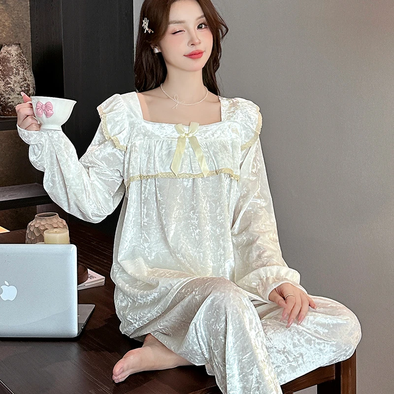 睡衣女春秋款纯色公主风长袖套装长裤冬天甜美可外穿家居服2022