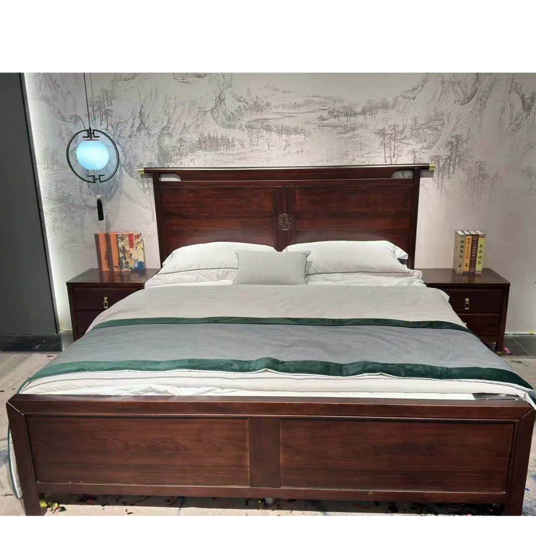 新中式乌金木实木床全实木1米8床双人床主卧软靠高箱储物床婚床