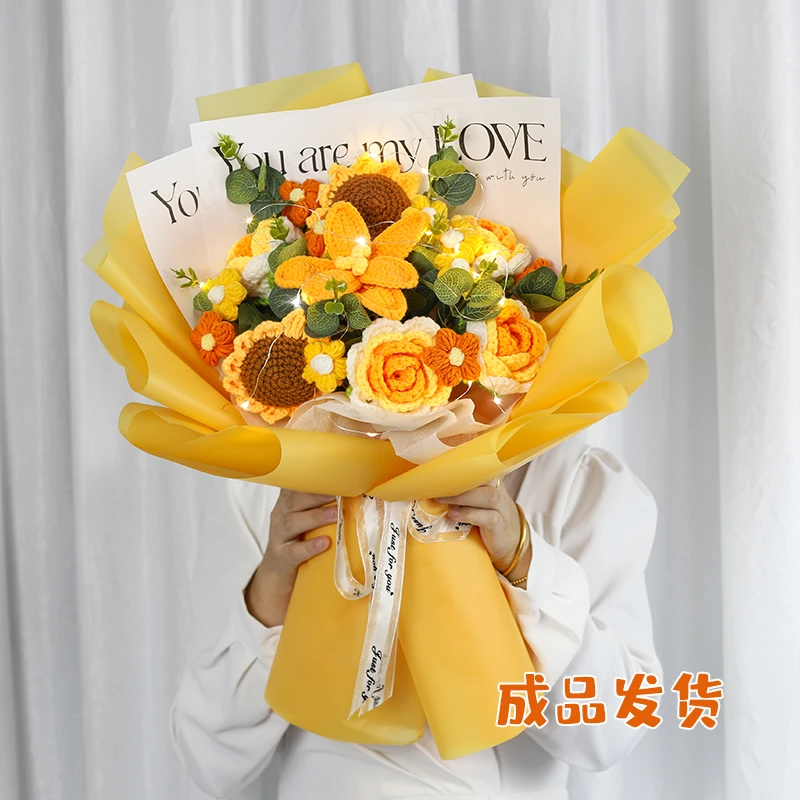 【大气手捧花】郁金香玫瑰毛线手工花束送妈妈老师女神节生日礼物
