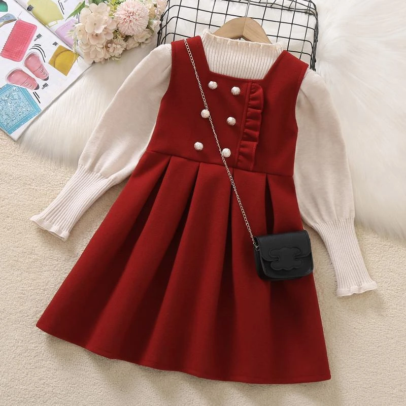 女童连衣裙秋冬季2026新款红色新年衣服儿童毛衣背心裙拜年服套装