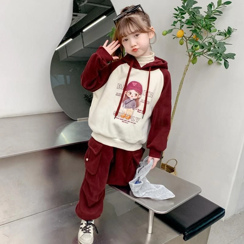 女童秋装加绒套装2025新款儿童小女孩秋冬加厚卡通运动休闲两件套