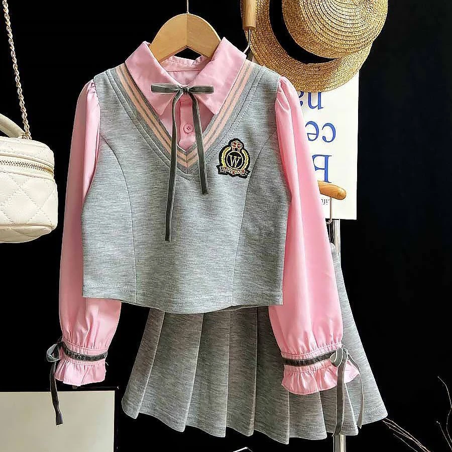 女童学院风套装秋装2025秋季新款儿童洋气假两件衬衫小女孩百褶裙