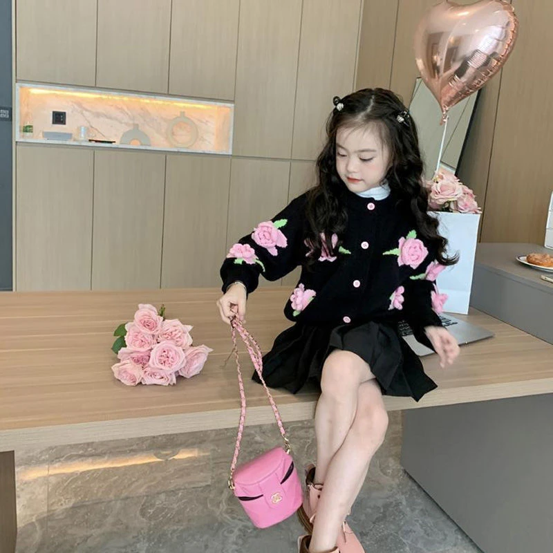 女童2025新款韩版立体花朵针织毛衣开衫中大儿童装春秋款洋气外套