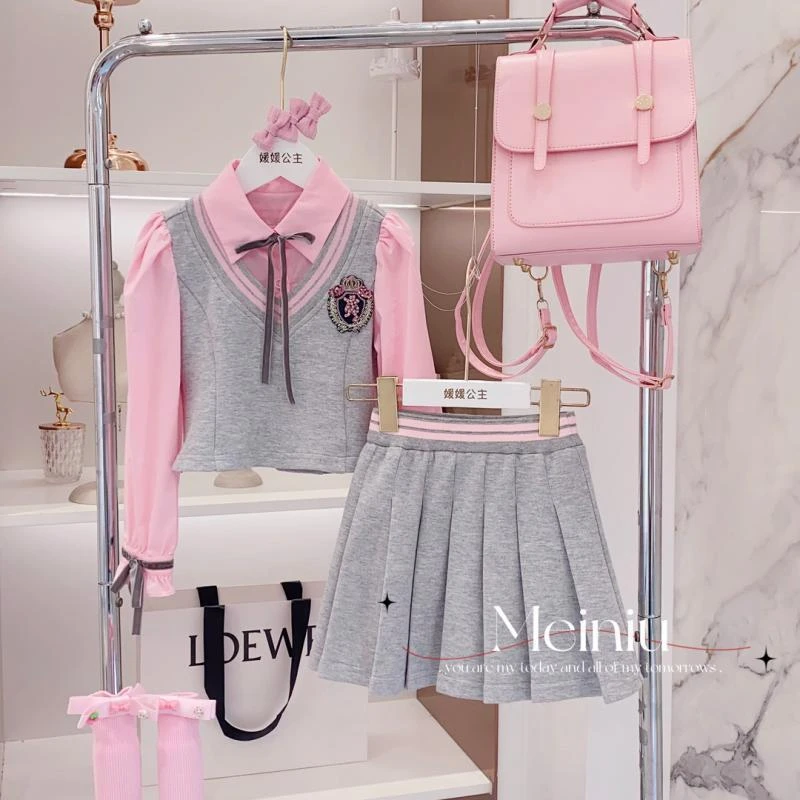 女童假两件衬衫套装春秋季2025新款时髦儿童学院风半身裙两件套潮