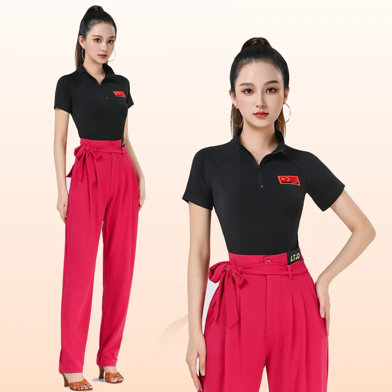 夏季拉丁舞女成人新款摩登舞服装立领练功服短袖广场舞跳舞上衣