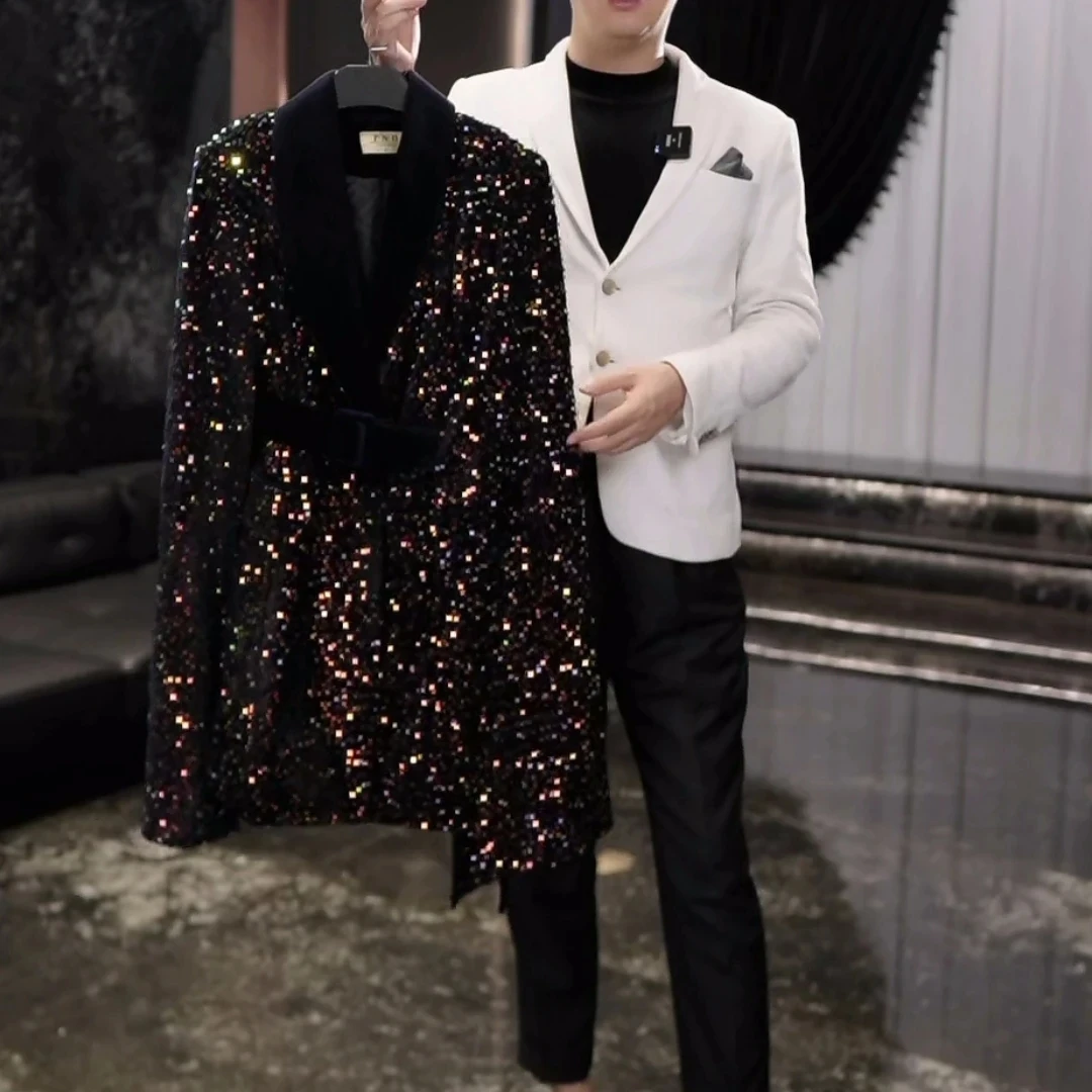 蓝色亮片斗篷重工亮片收腰显瘦长款加棉名媛加厚棉服-蓝亮片斗篷