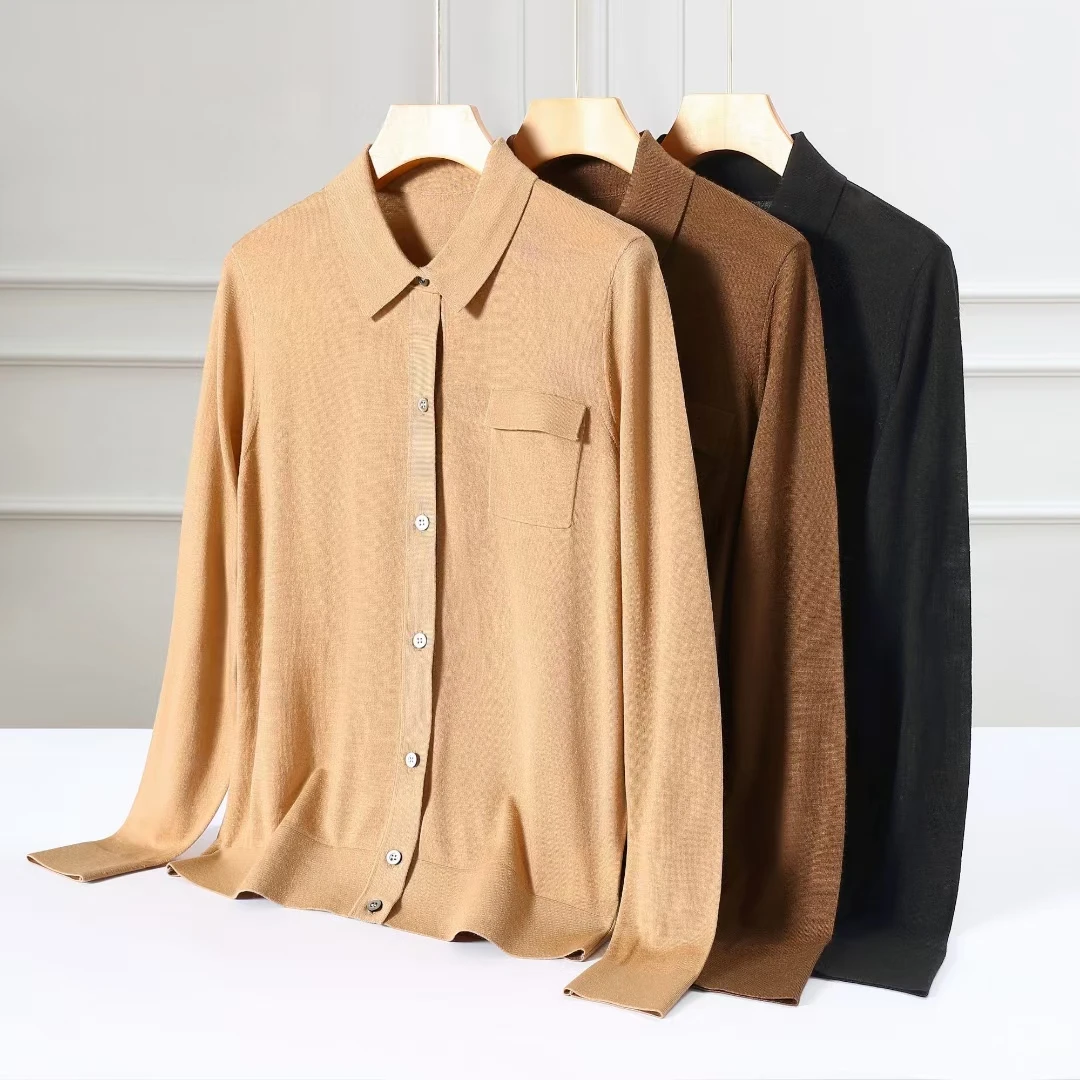 红福绒圆:精纺羊绒翻领女开衫