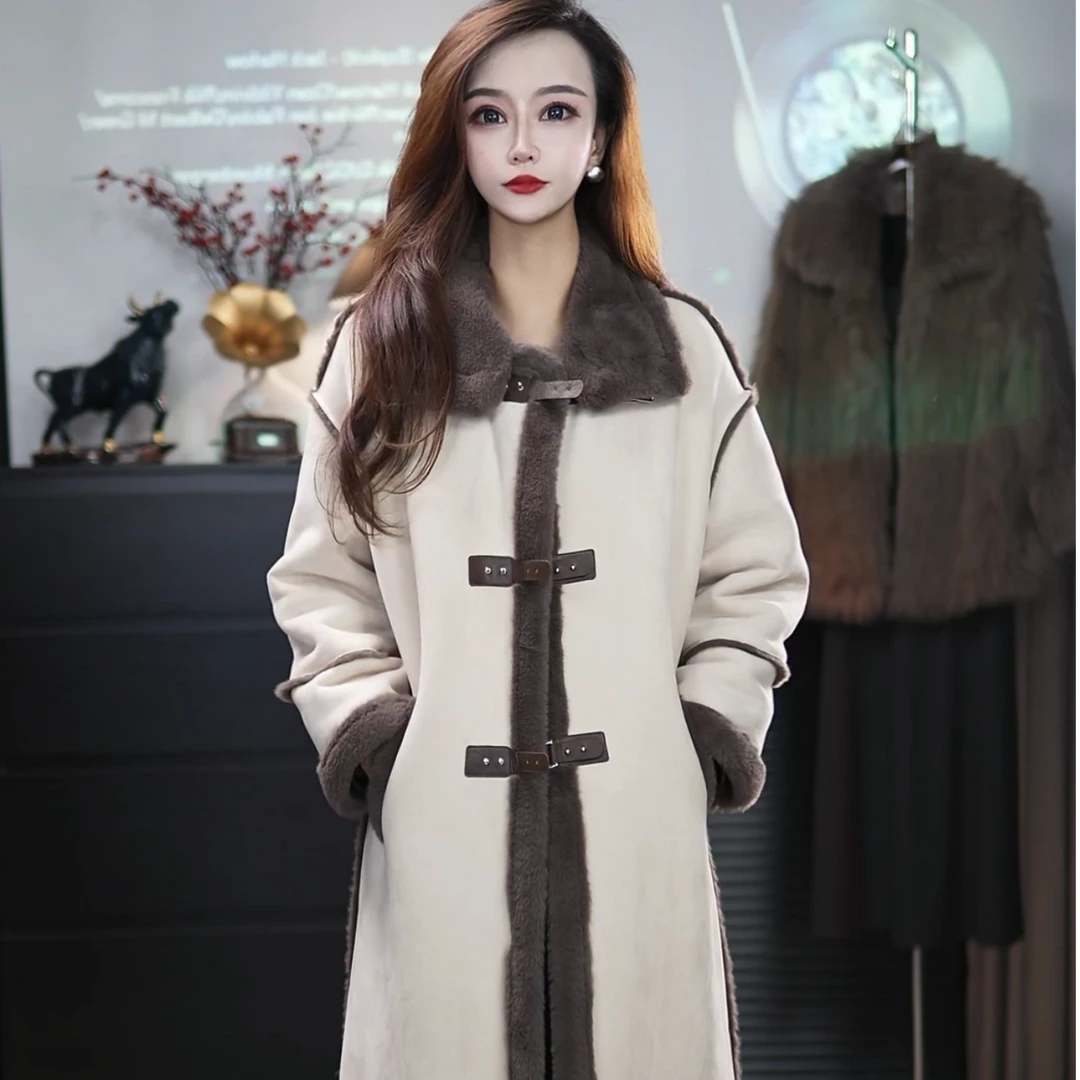 时尚冬季保暖秋冬加厚外套网红新款皮毛一体长款气质百搭女中长款