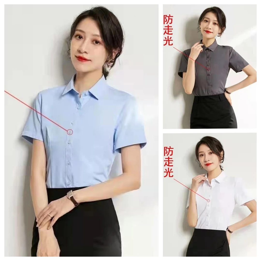 防走光夏季新款短袖衬衫女灰色薄款气质时尚女士工作服衬衣休闲