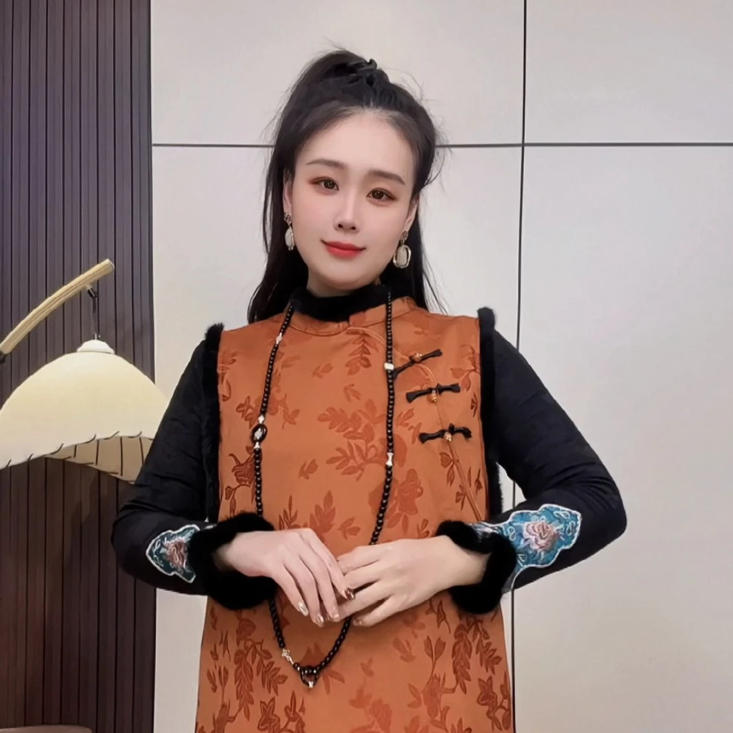 新中式国风刺绣水貂毛打底衫秋冬百搭内搭女上衣