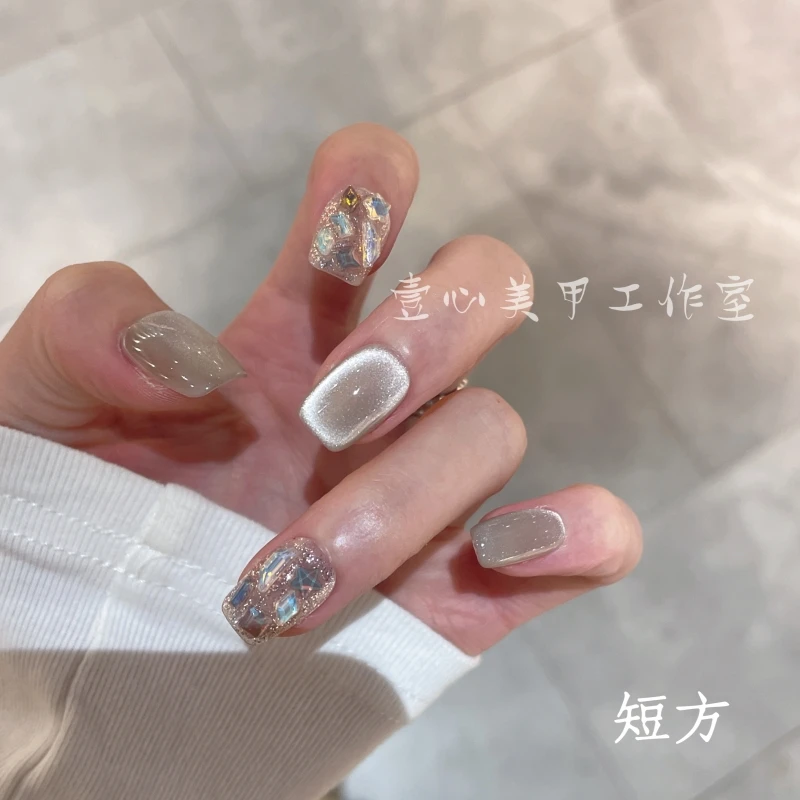 纯手工定制穿戴甲 茶晶碎钻 美甲贴片可拆卸假指甲贴气质小红书