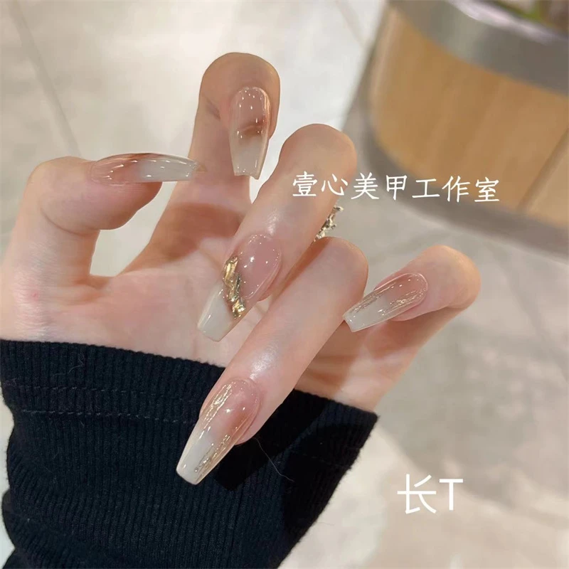 奶茶云雾-壹心纯手工穿戴甲 可拆卸假指甲贴 10片装