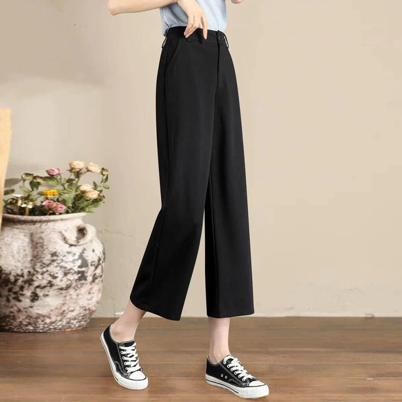 黑色西装阔腿裤女2025新款高级感垂感小个子八分休闲宽松九分西裤
