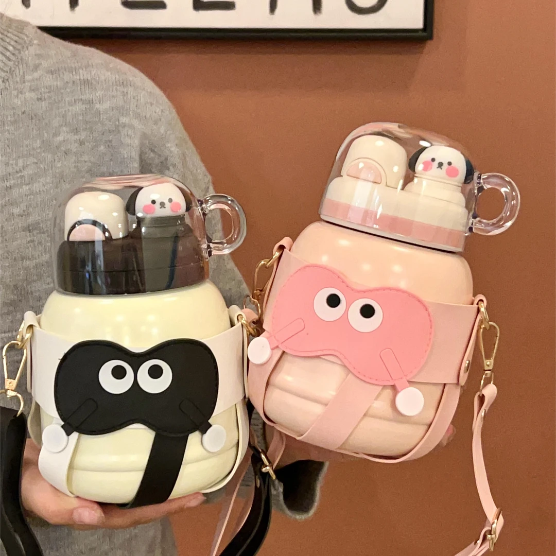 旺仔狗时尚保温杯高颜值大容量双饮大肚杯可爱少女儿童可爱吸管杯