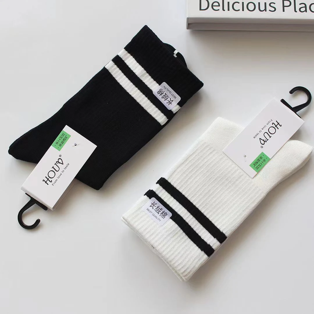 男女同款两杠秋冬棉袜黑白运动休闲中筒袜韩版潮袜