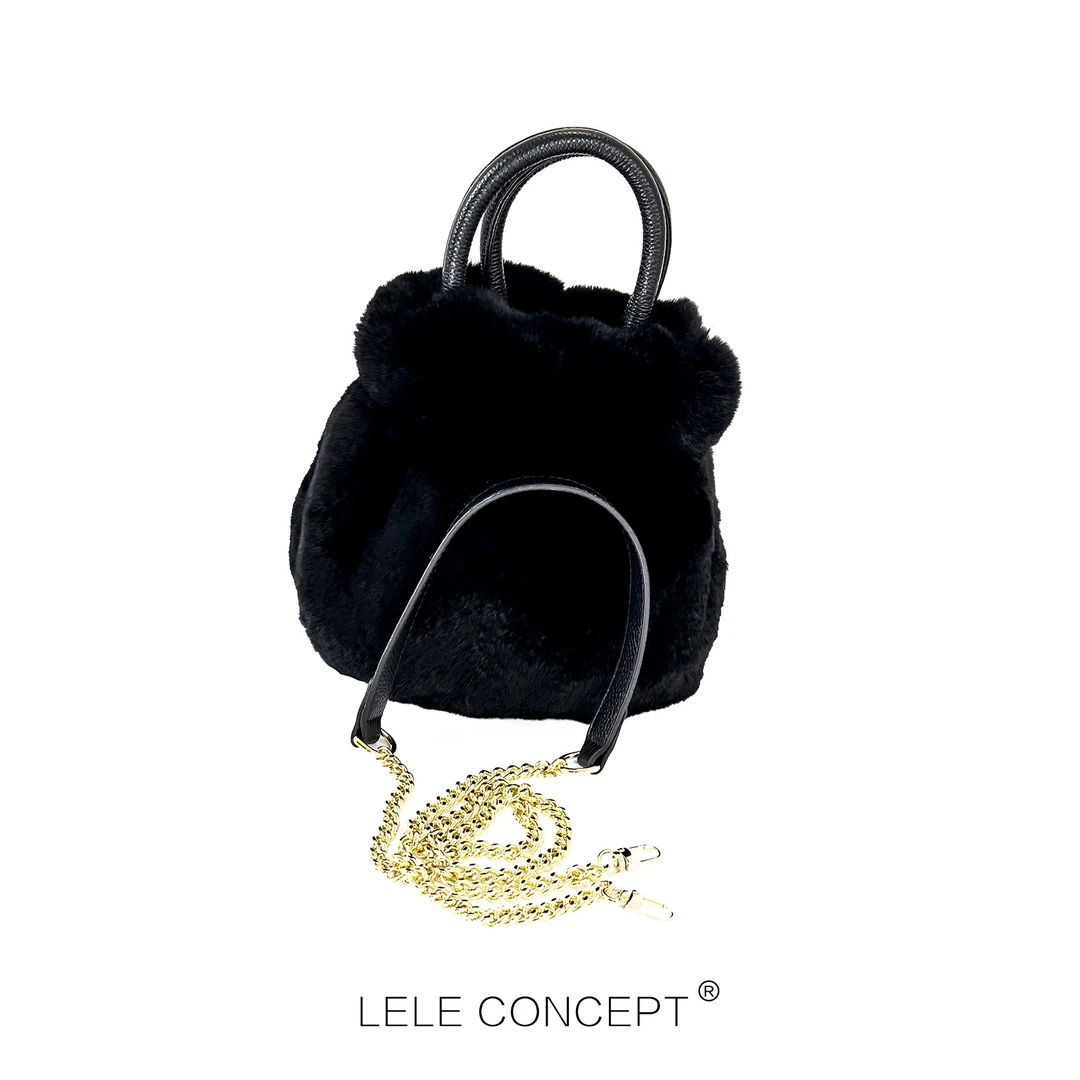 【LELE】秋冬新款韩版拼皮毛绒手提链条斜挎迷你水桶包百搭款BB017
