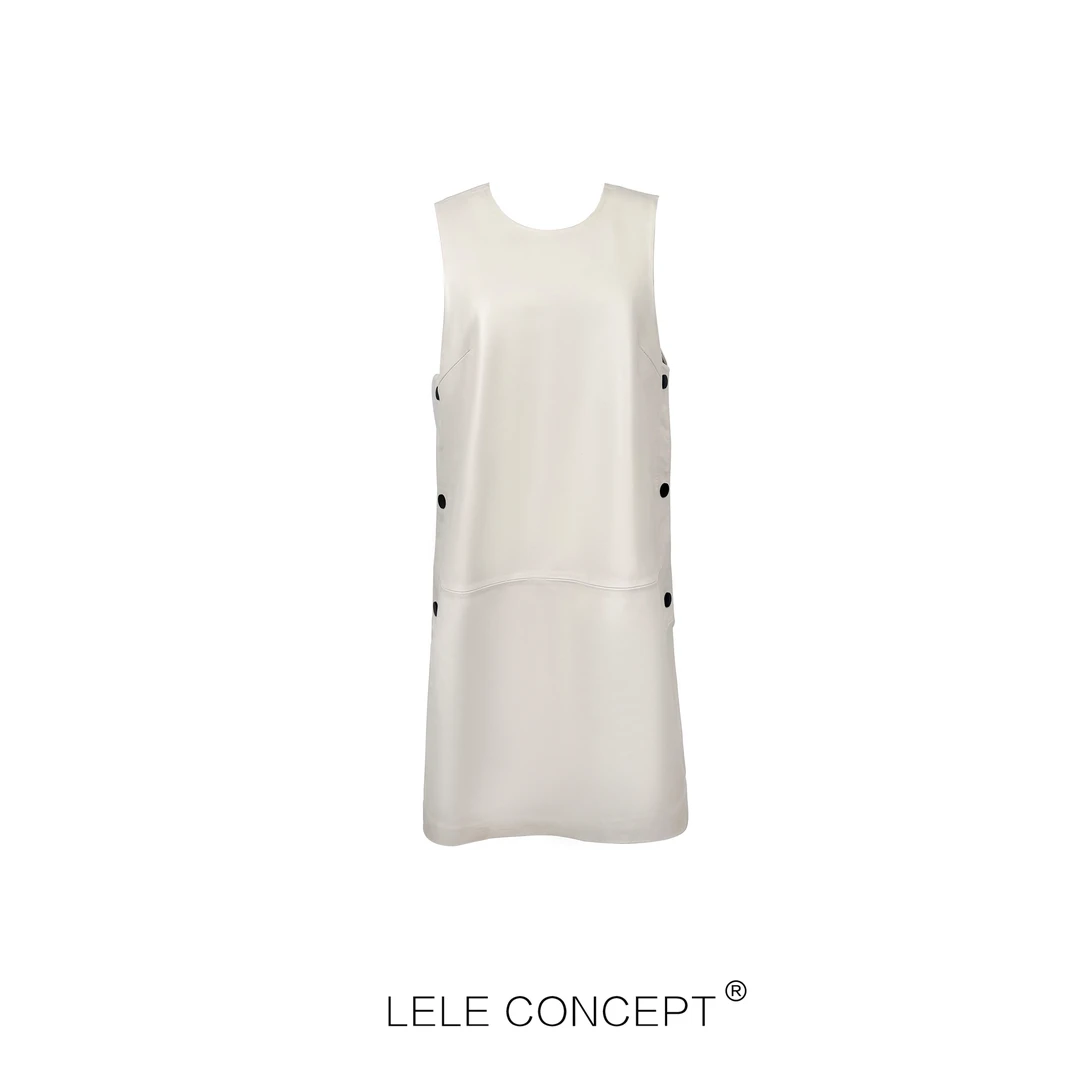 【LELE】秋无袖设计师气质简约百搭时尚轻奢休闲款纯色皮裙Q0263