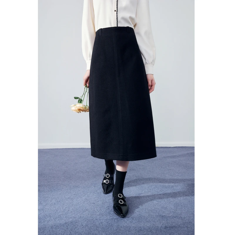 秋水伊人复古黑色开叉半身裙2023年冬季新款高级感简约中长包臀裙