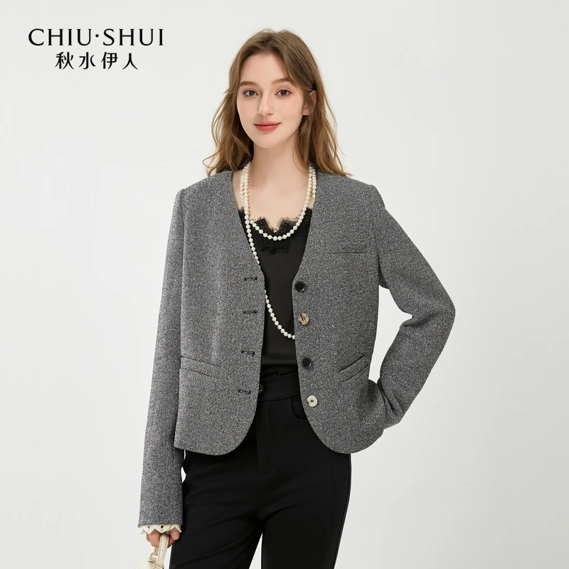 秋水伊人V领小香风外套2025年春季新款H型修身西装625112B070161