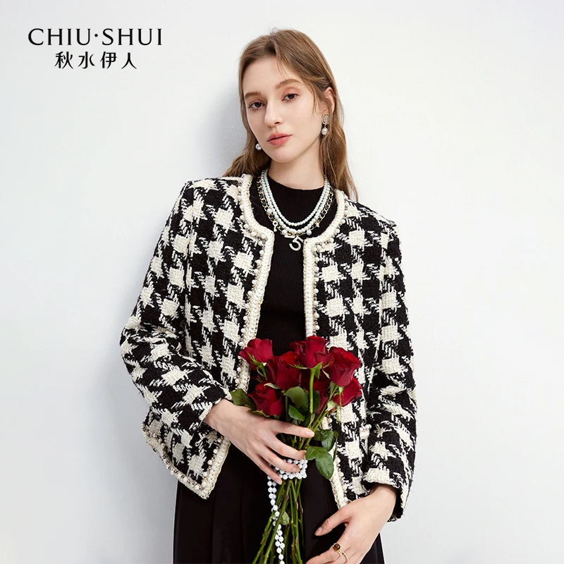 秋水伊人小香风千鸟格子外套冬季新款上衣625112B070182
