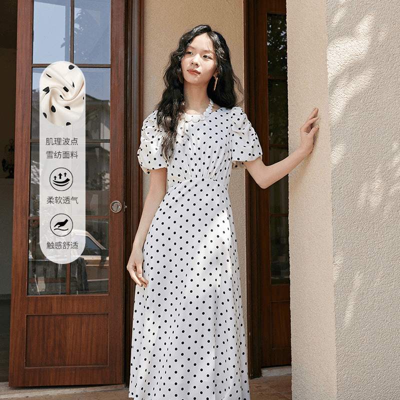 秋水伊人肌理感黑白波点雪纺连衣裙2024年夏季新款女经典圆领裙子