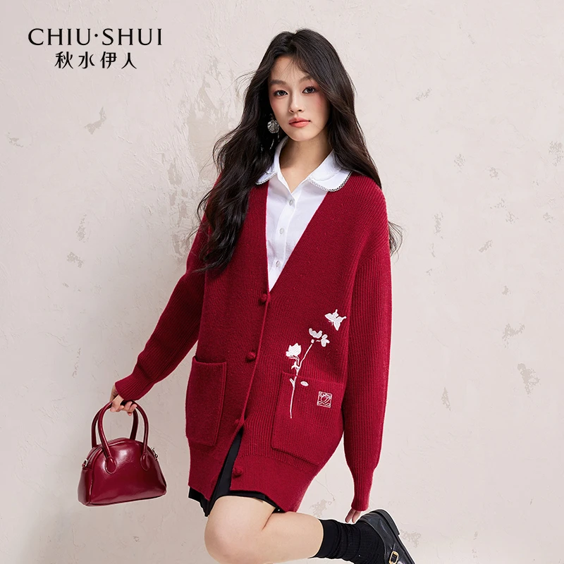 秋水伊人羊毛纱线刺绣针织开衫2025年春季新款上衣625112A100106