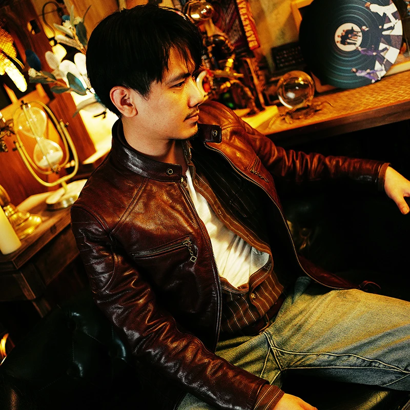 莫臣男装真皮皮衣棕色蜡染头层牛皮男士立领真皮夹克皮衣  6501