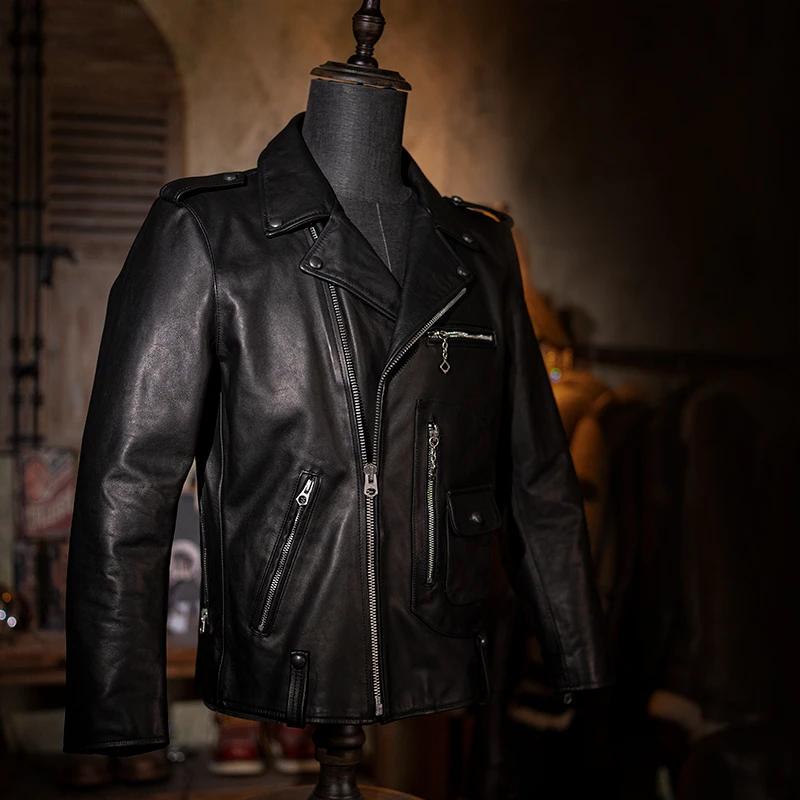 莫臣男装春秋机车皮衣植鞣头层牛皮牛皮真皮皮衣男休闲短款J24
