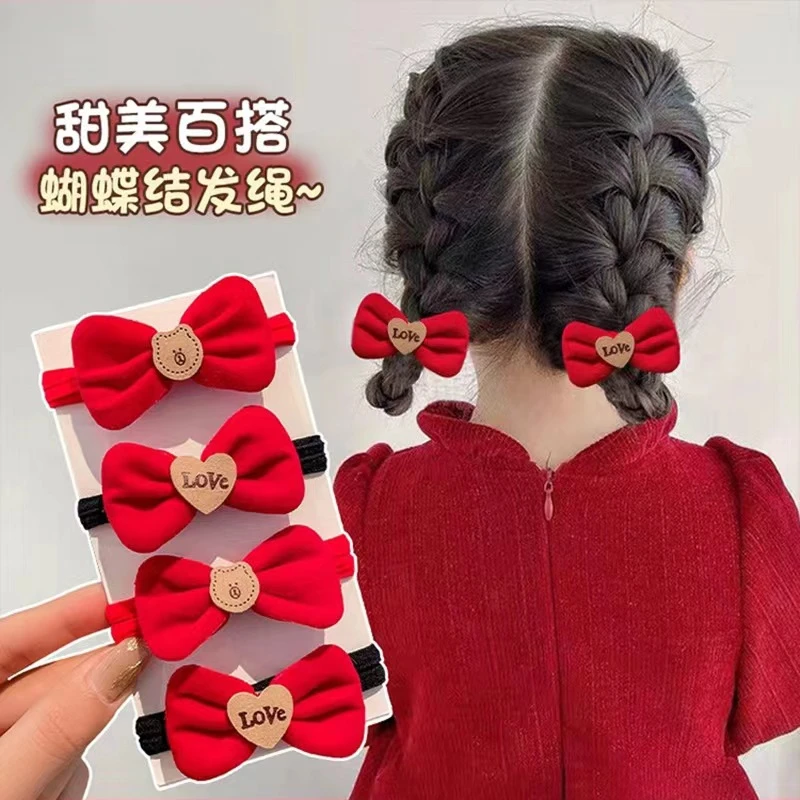 【现货】新年红色丝绒蝴蝶结发圈女童不伤发毛绒头绳高弹力橡皮筋
