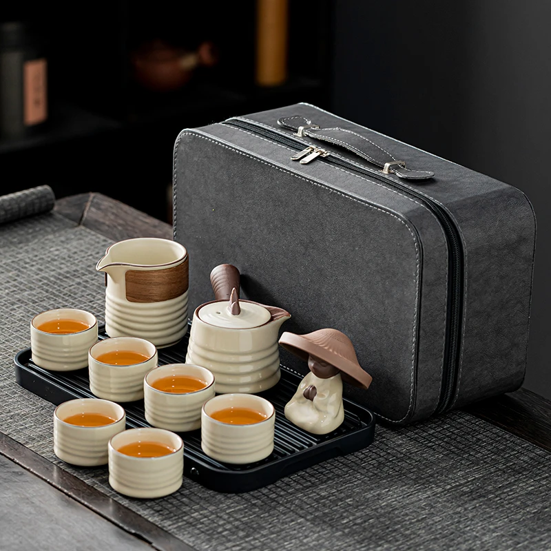 米黄汝窑功夫茶具套装便携办公室会客陶瓷家用高端泡侧把茶壶礼盒