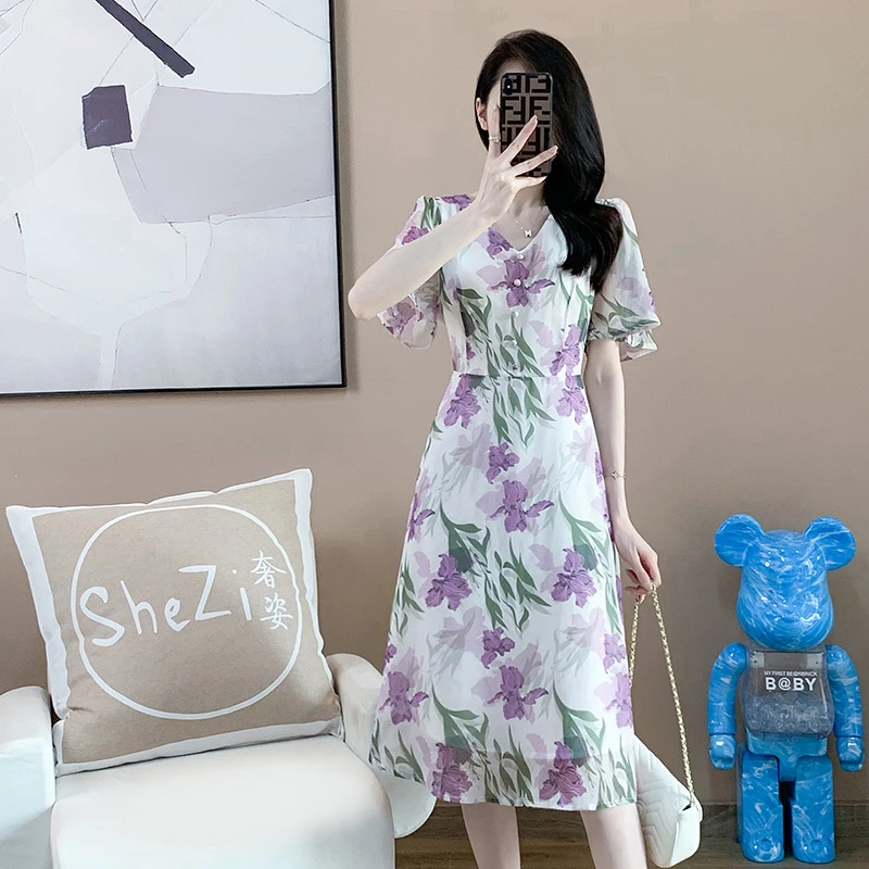奢姿【紫涵】2024夏季新款开叉连衣裙碎花气质胖妹妹减龄印花连衣裙