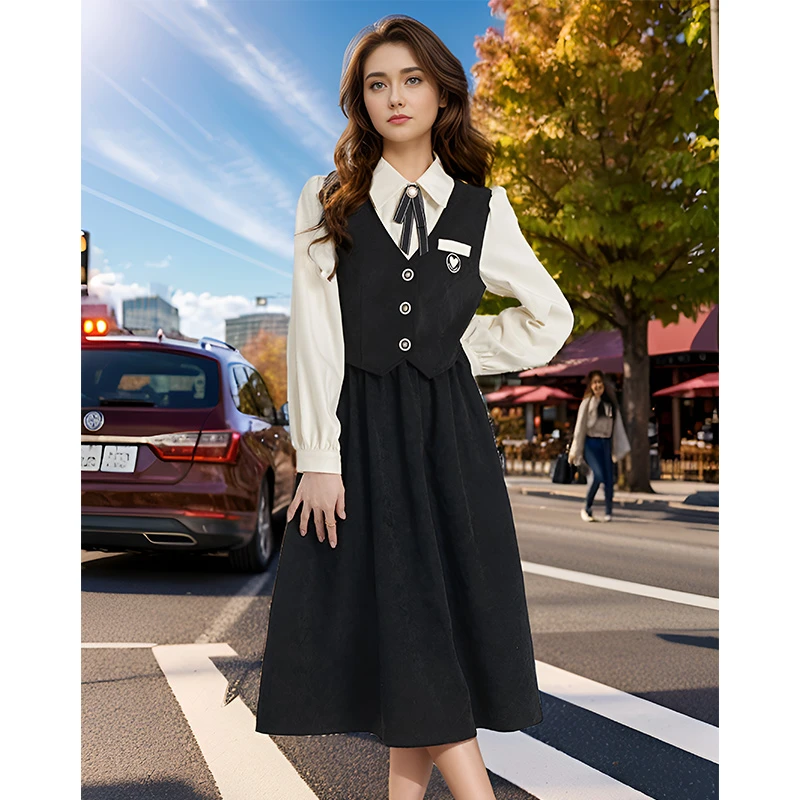 奢姿大码女装2024秋季蝴蝶结拼接假两件连衣裙胖妹妹气质翻领裙子