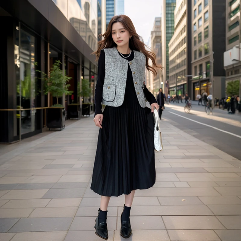 【奢姿】大码女装2024冬季百褶两件套胖妹妹小香风马甲连衣裙套装