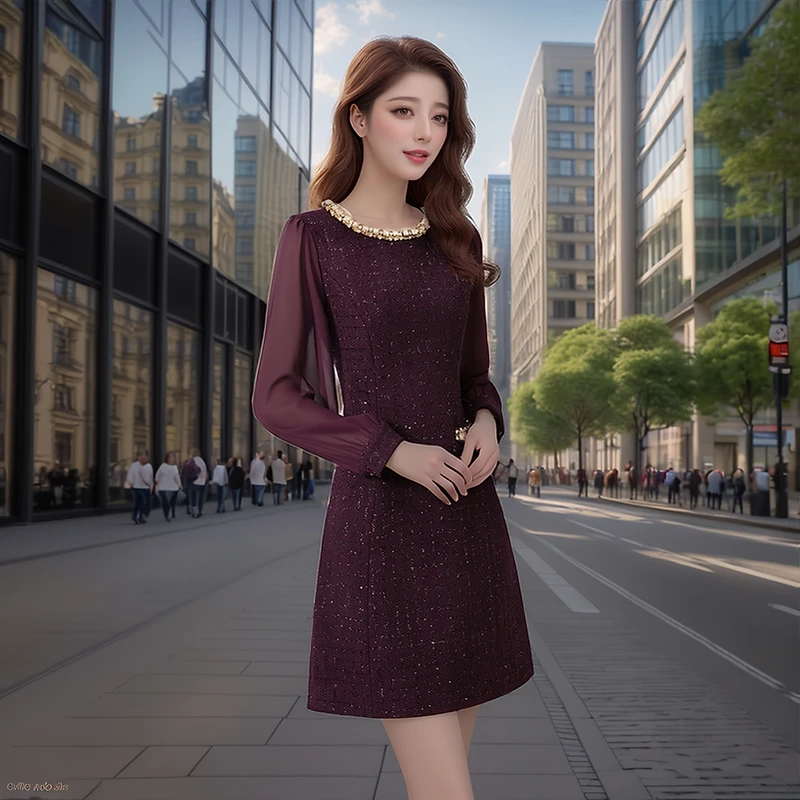 【奢姿】2024年秋季新款大码女装圆领小香风胖妹妹拼接通勤连衣裙