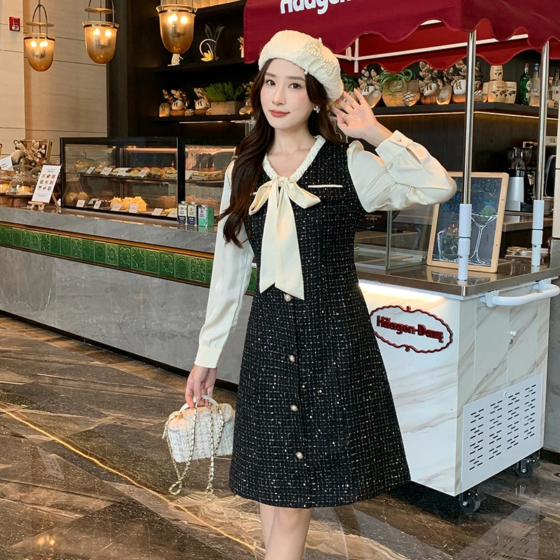 【奢姿】大码女装2024冬季减龄系带领小香风连衣裙胖妹妹时尚裙子