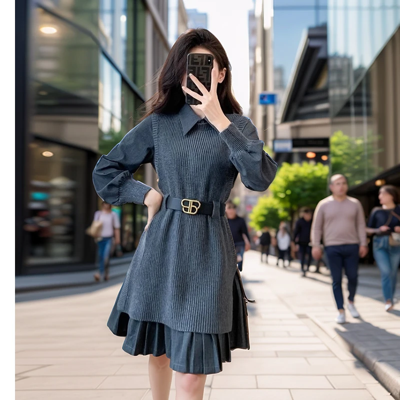 奢姿【爱丁堡】2024秋冬新款大码背心连衣裙套装高级感针织两件套