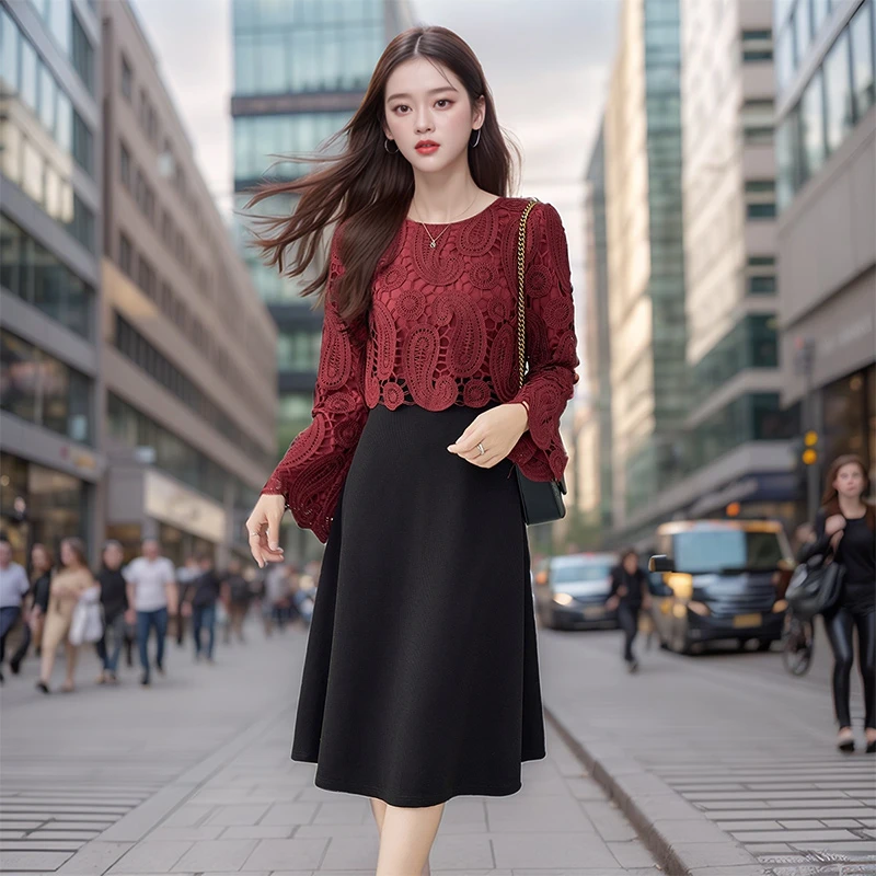 奢姿【塞纳赫本】2024年秋季新款大码女装针织胖妹妹假两件连衣裙