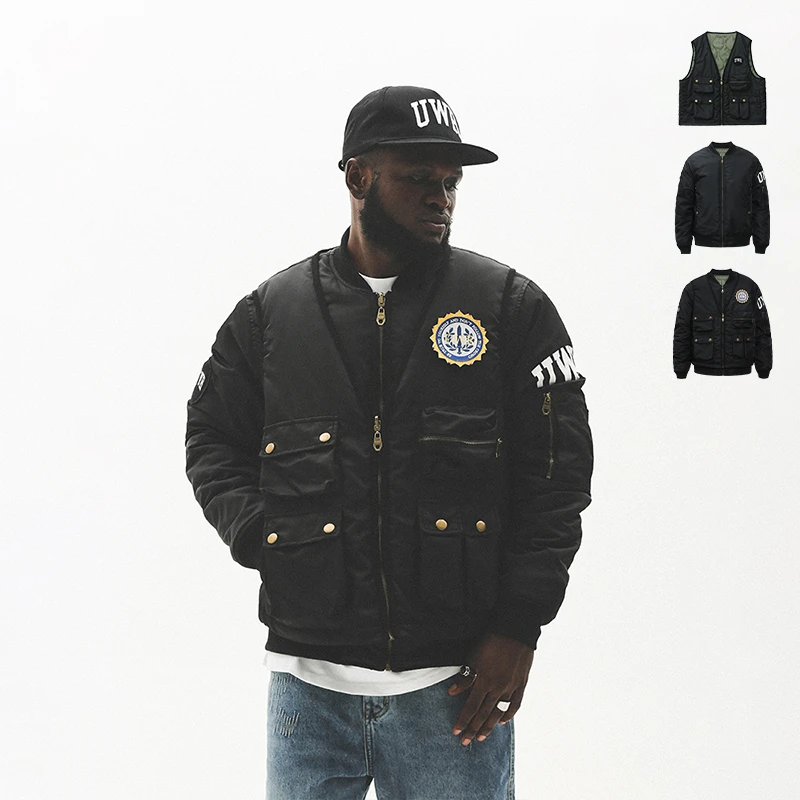 UNTILWERICH飞行员夹克空军外套男复古棒球服刺绣棉服美式两件套