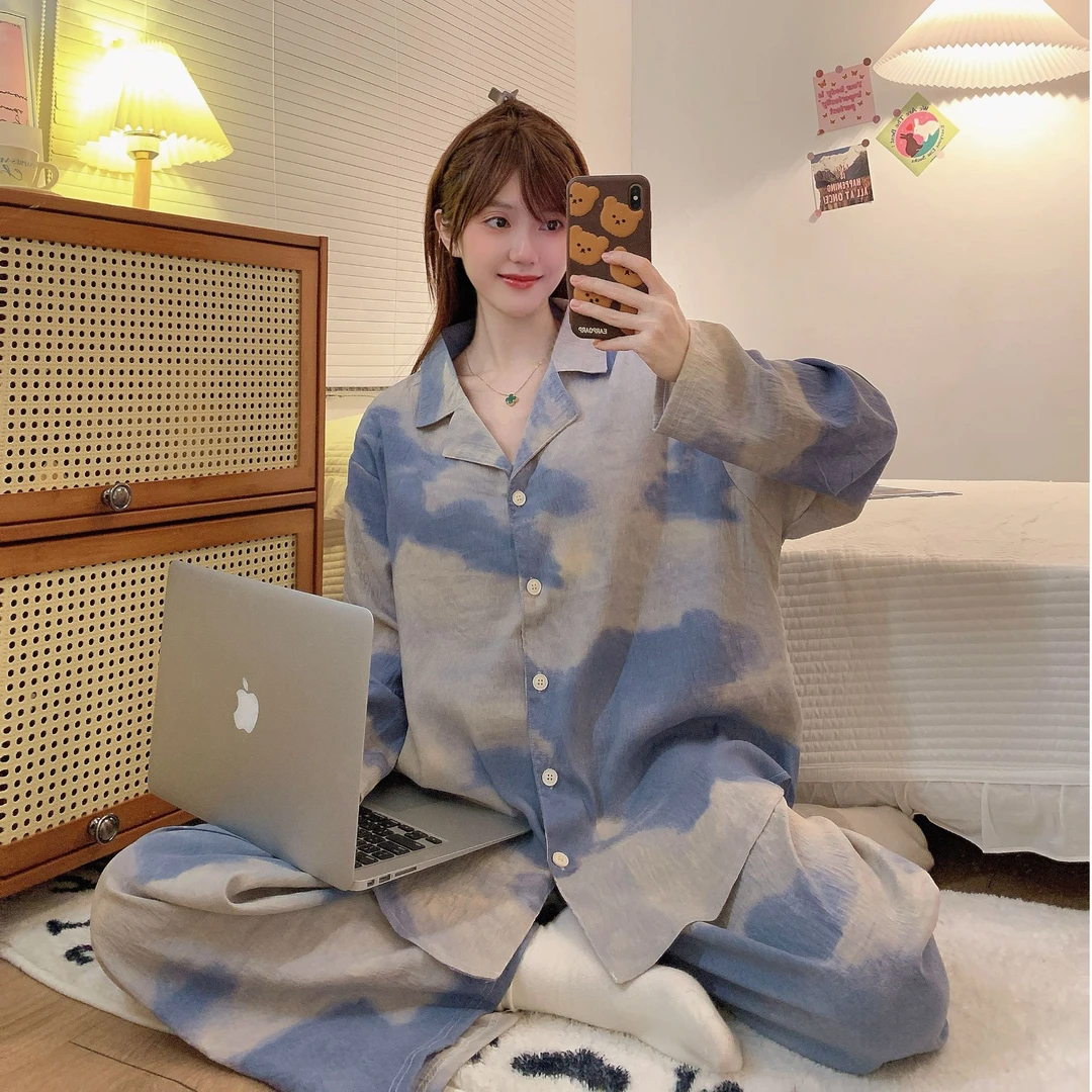 炸姐新款睡衣女春秋季开衫家居服休闲宽松时尚带胸垫可外穿套装