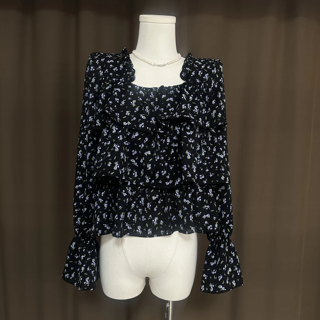 【碎花】拉萨发货紫色显瘦长袖韩系上衣小衫时尚夏季