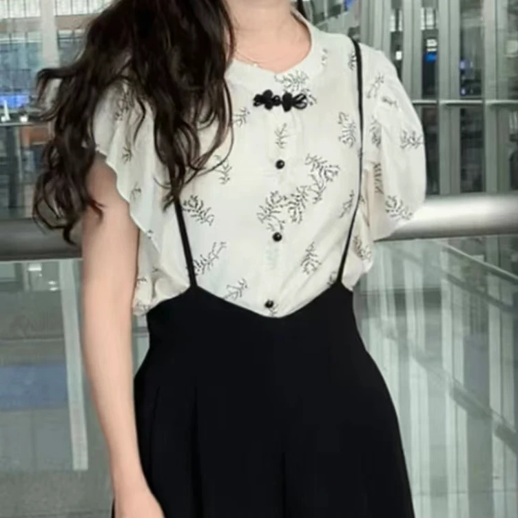 【艾萱萱】5906款国风盘扣荷叶边飞飞袖衬衣女 约57