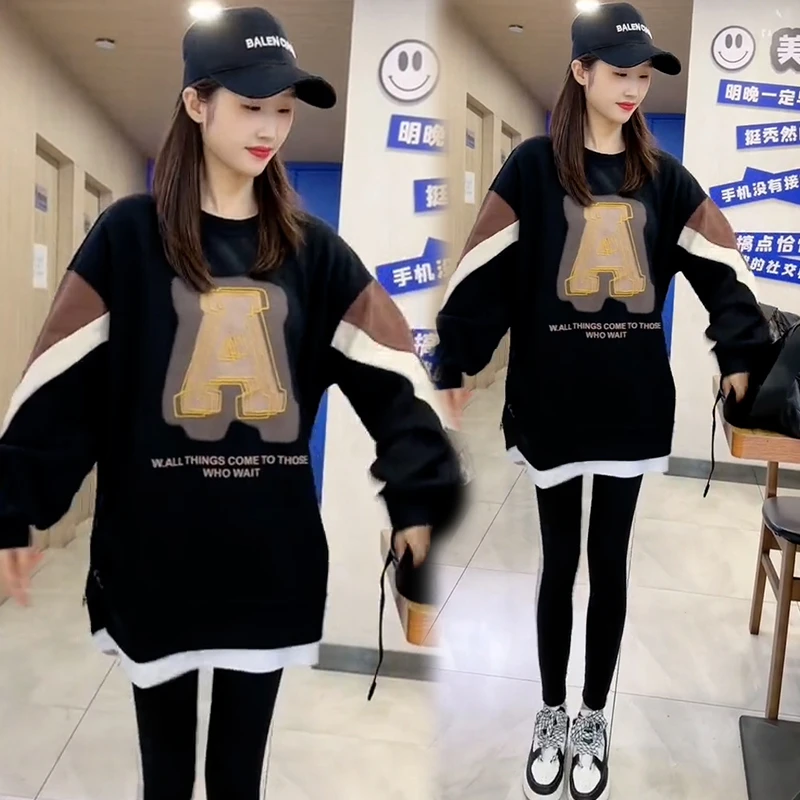 高含棉2025秋季新款中长款上衣宽松时尚A大字母休闲假两件卫衣女
