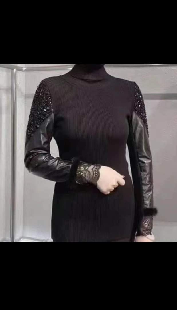 双11秋冬新款皮袖绵羊皮拼接蕾丝针织打底修身长袖毛衣网红