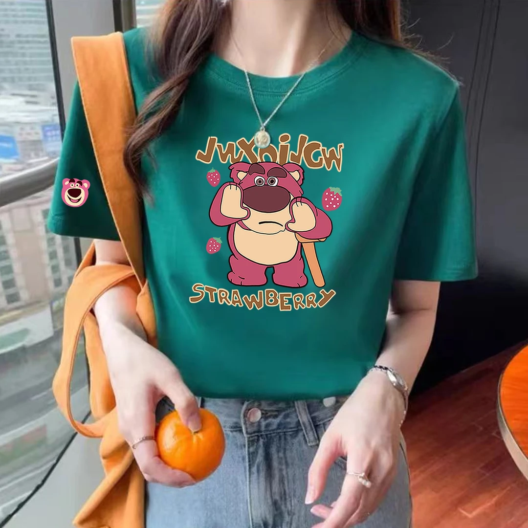 新品短袖T恤2024女夏新款重磅精梳棉女宽松休闲时尚草莓熊T恤半袖